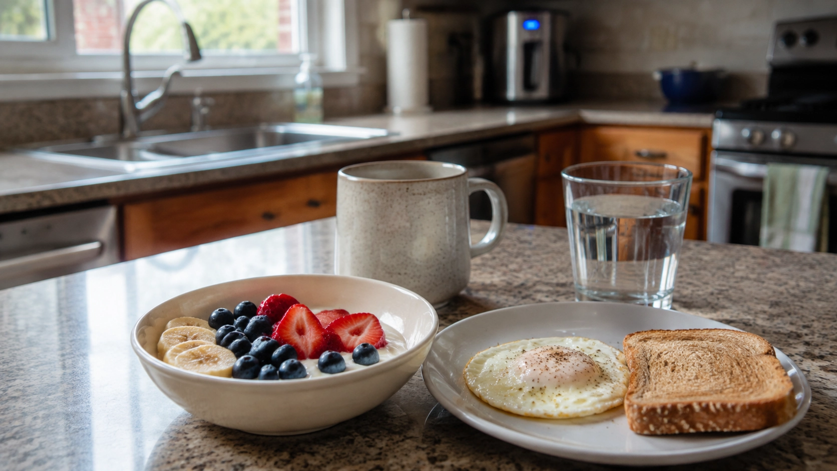 A simple balanced breakfast on a kitchen counter, representing the nutrition and nervous system connection, Saddle River NJ