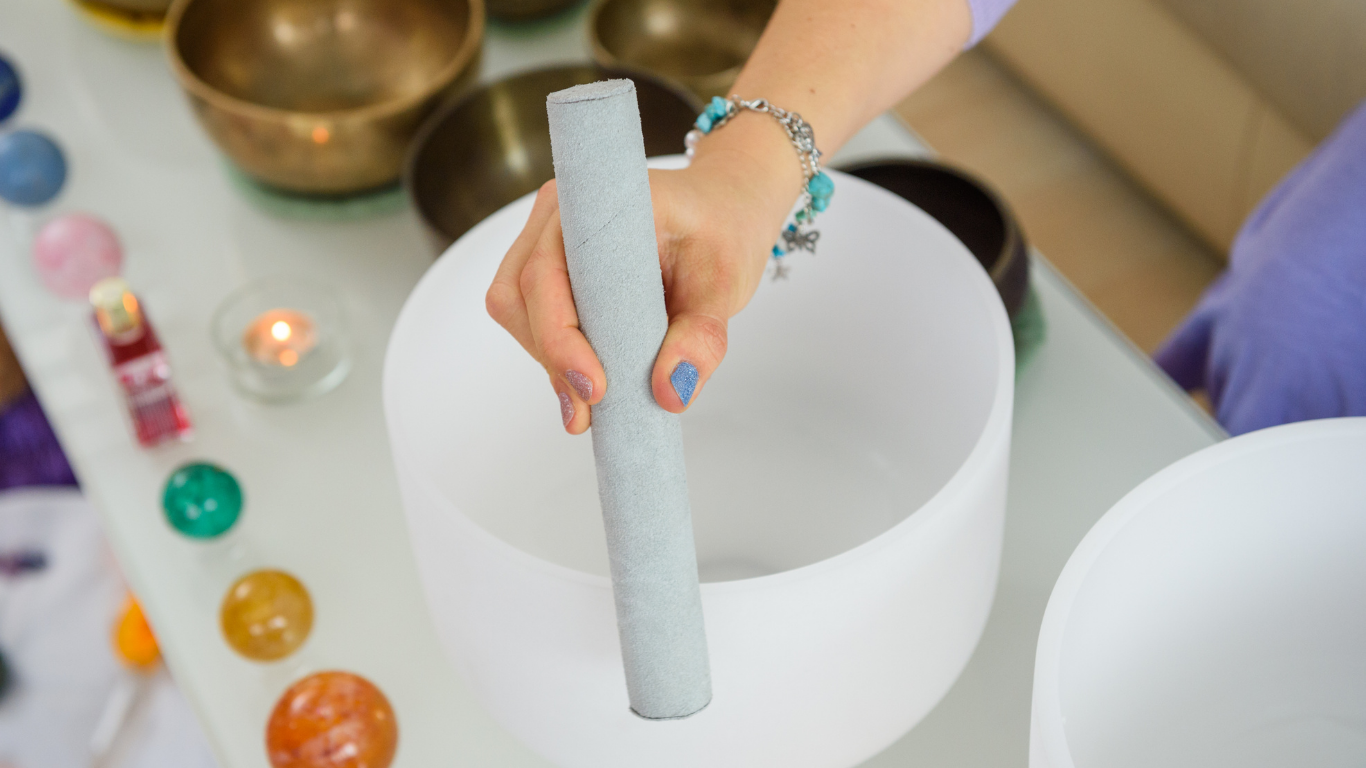 Crystal singing bowls and Tibetan brass bowls used in sound healing