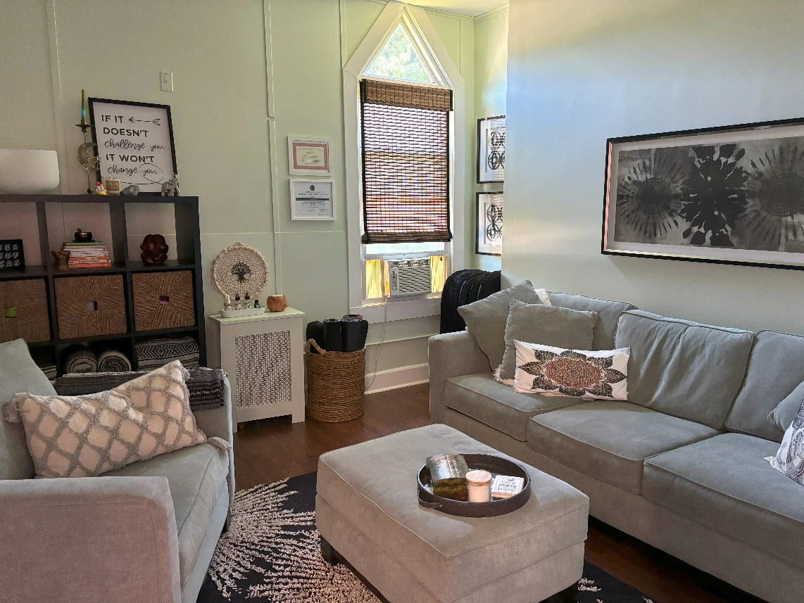 Two healing spaces side by side at the Center for Mind Body Balance — a therapy room and a somatic studio