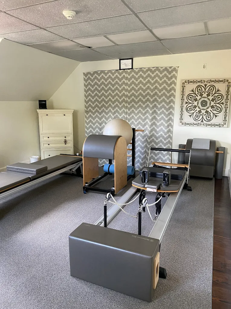 A Stott Pilates reformer in the Saddle River studio at the Center for Mind Body Balance with springs visible