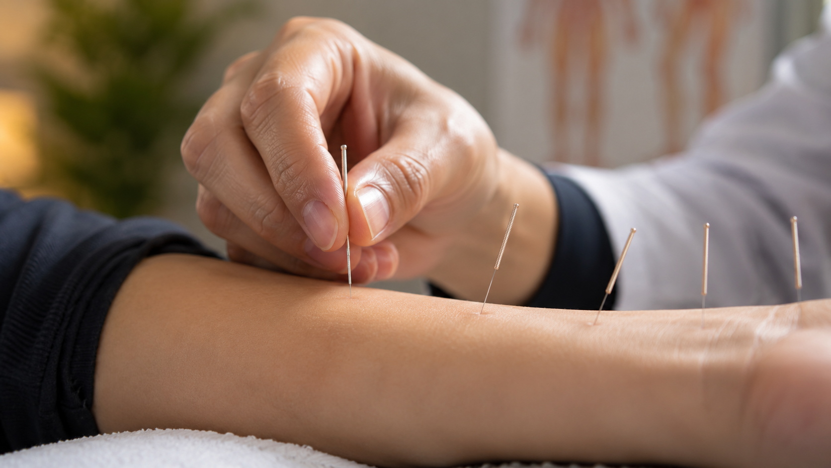 Acupuncture needles being placed during a treatment session in Saddle River, NJ
