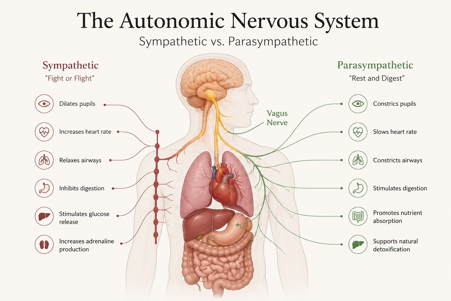 Diagram of the autonomic nervous system showing the sympathetic and parasympathetic branches with the vagus nerve highlighted