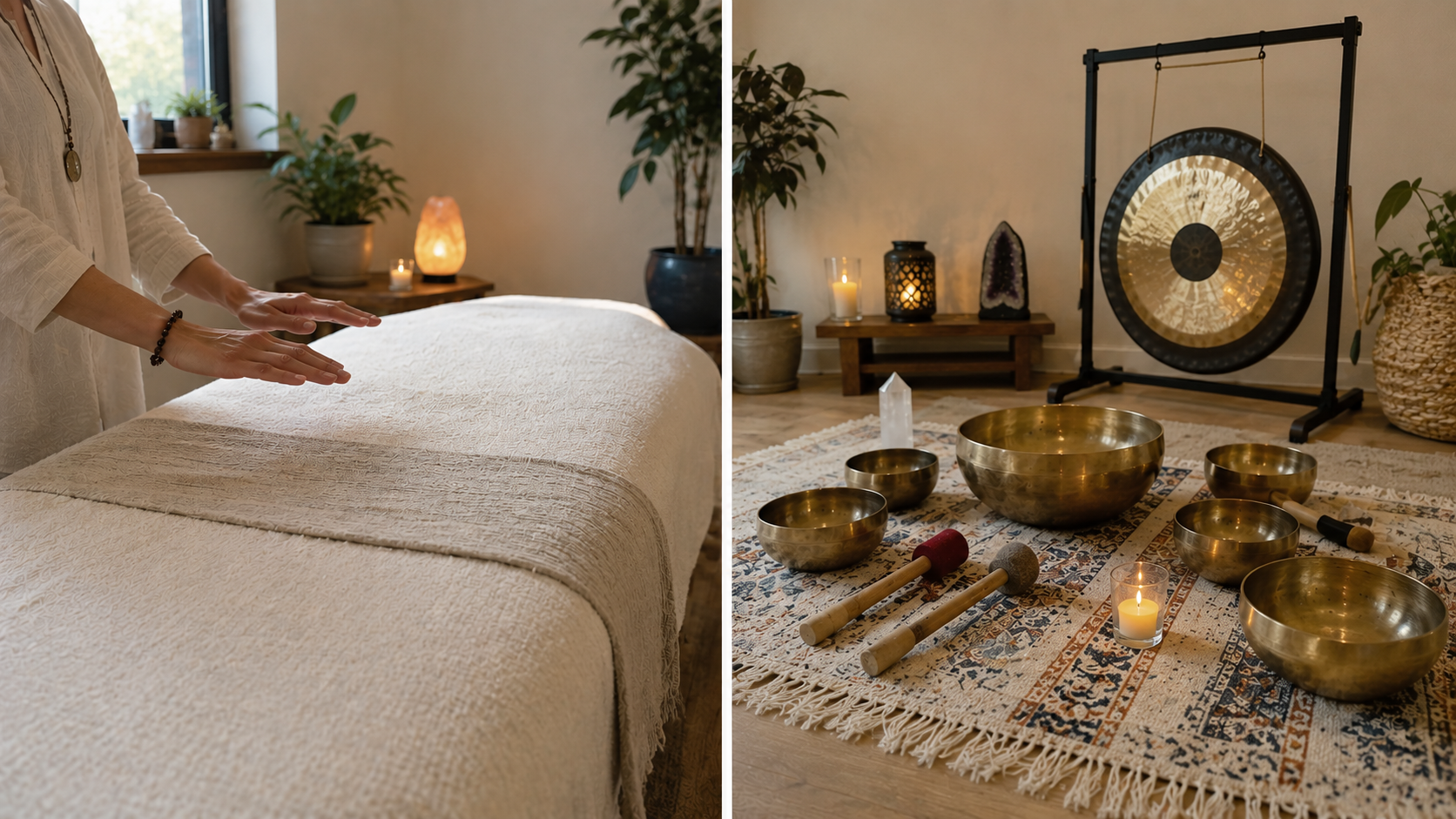 A reiki table and a sound bath setup side by side at the Center for Mind Body Balance in Saddle River, NJ