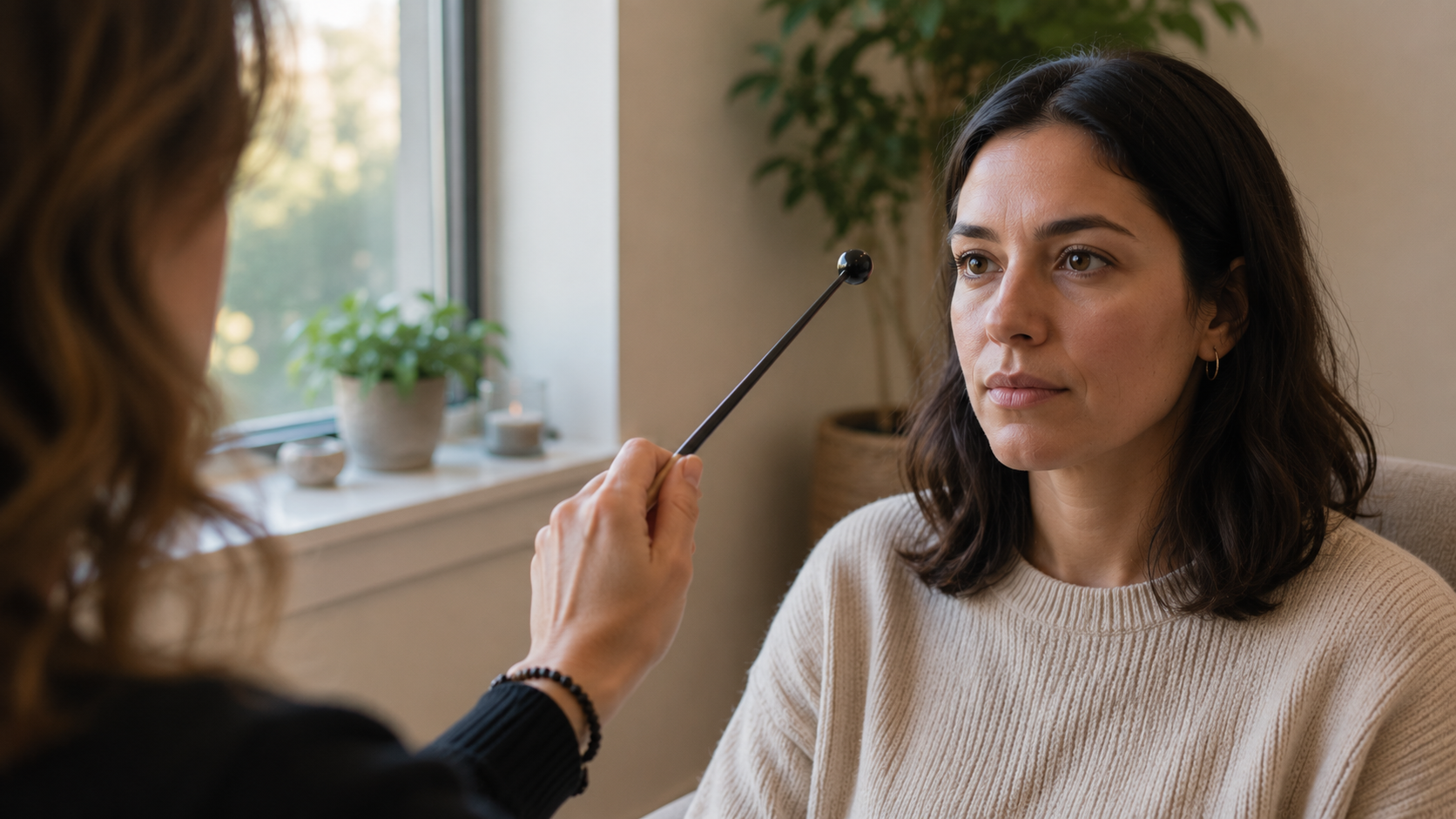 A therapist using a pointer to locate a brainspot in the client's visual field