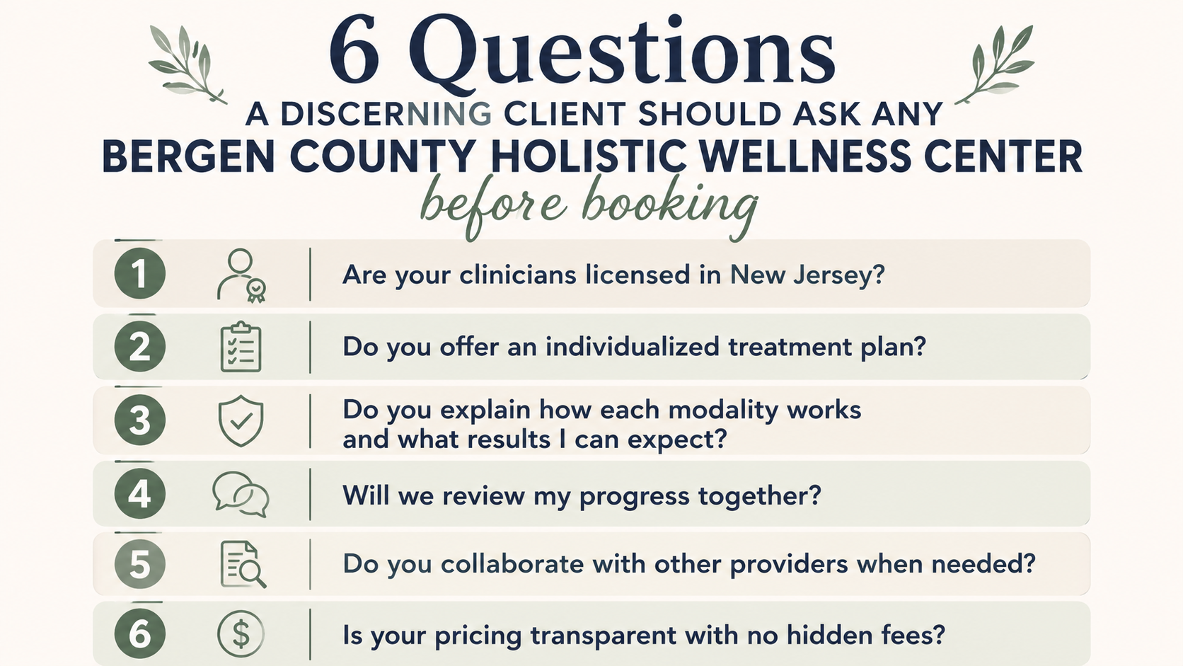 Six questions a discerning client should ask any Bergen County holistic wellness center before booking.