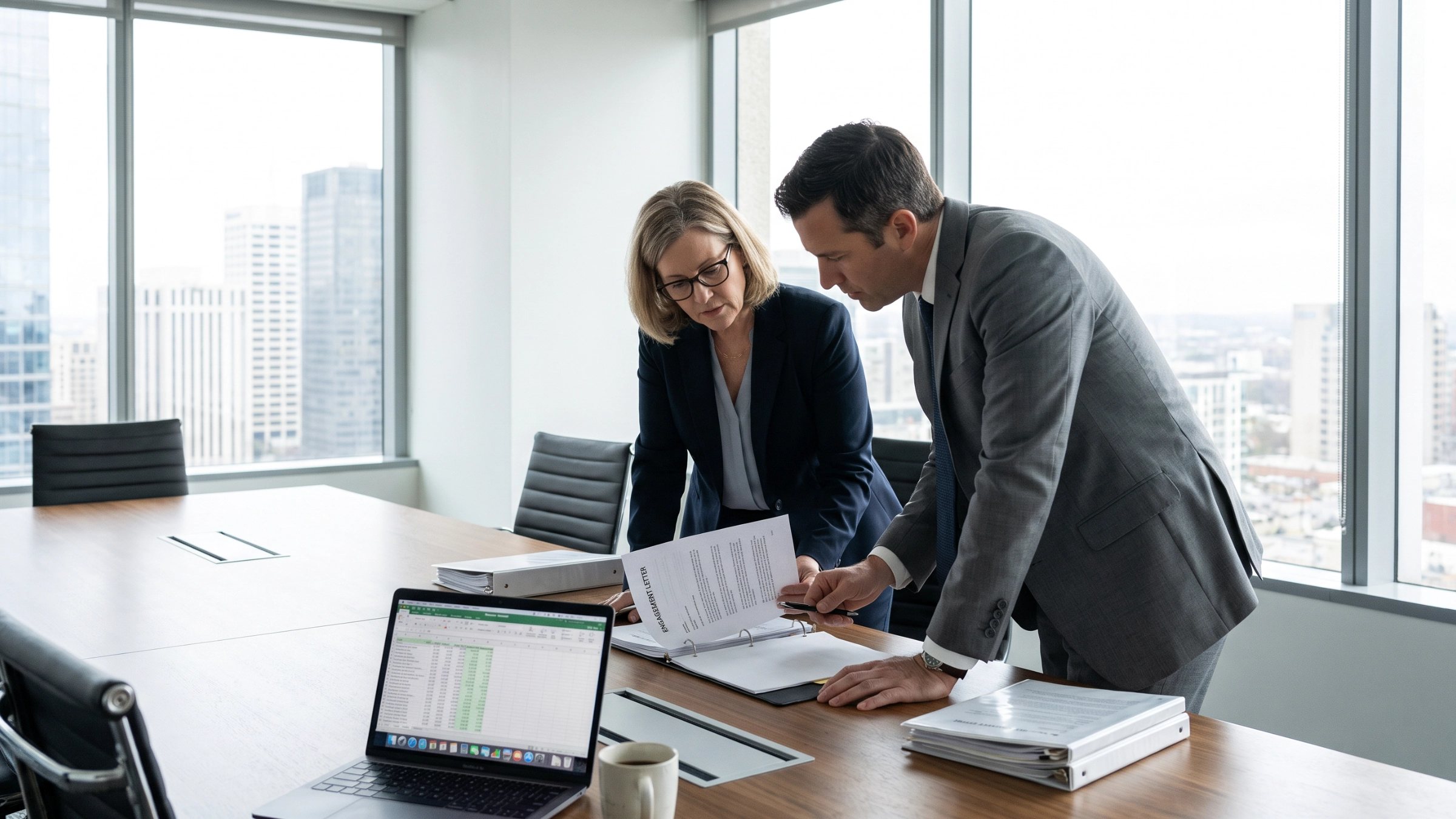 Counsel and a forensic accountant reviewing an expert retention letter at the outset of a litigation matter