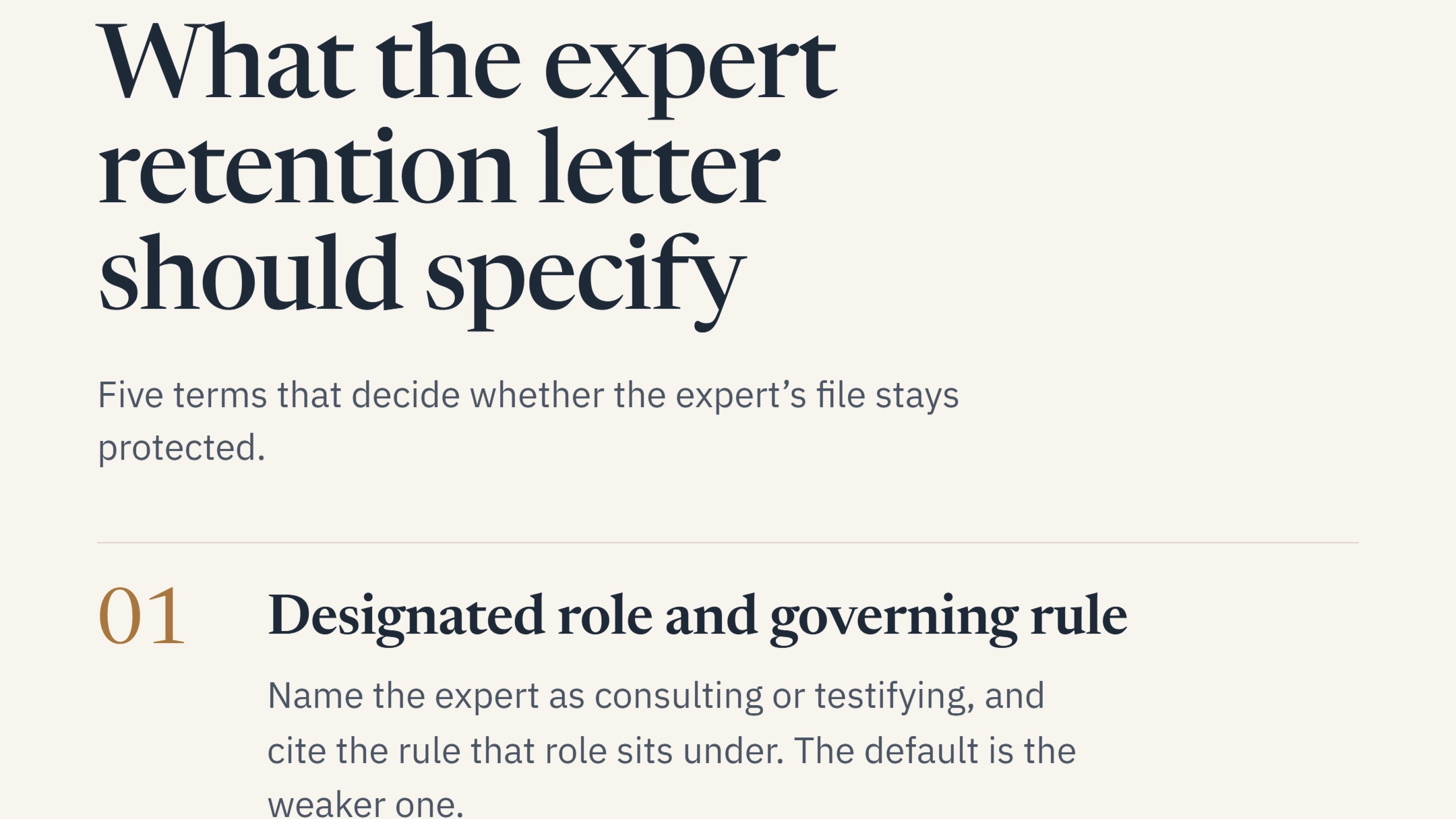 A graphic listing the elements an expert retention letter should specify to preserve work product protection
