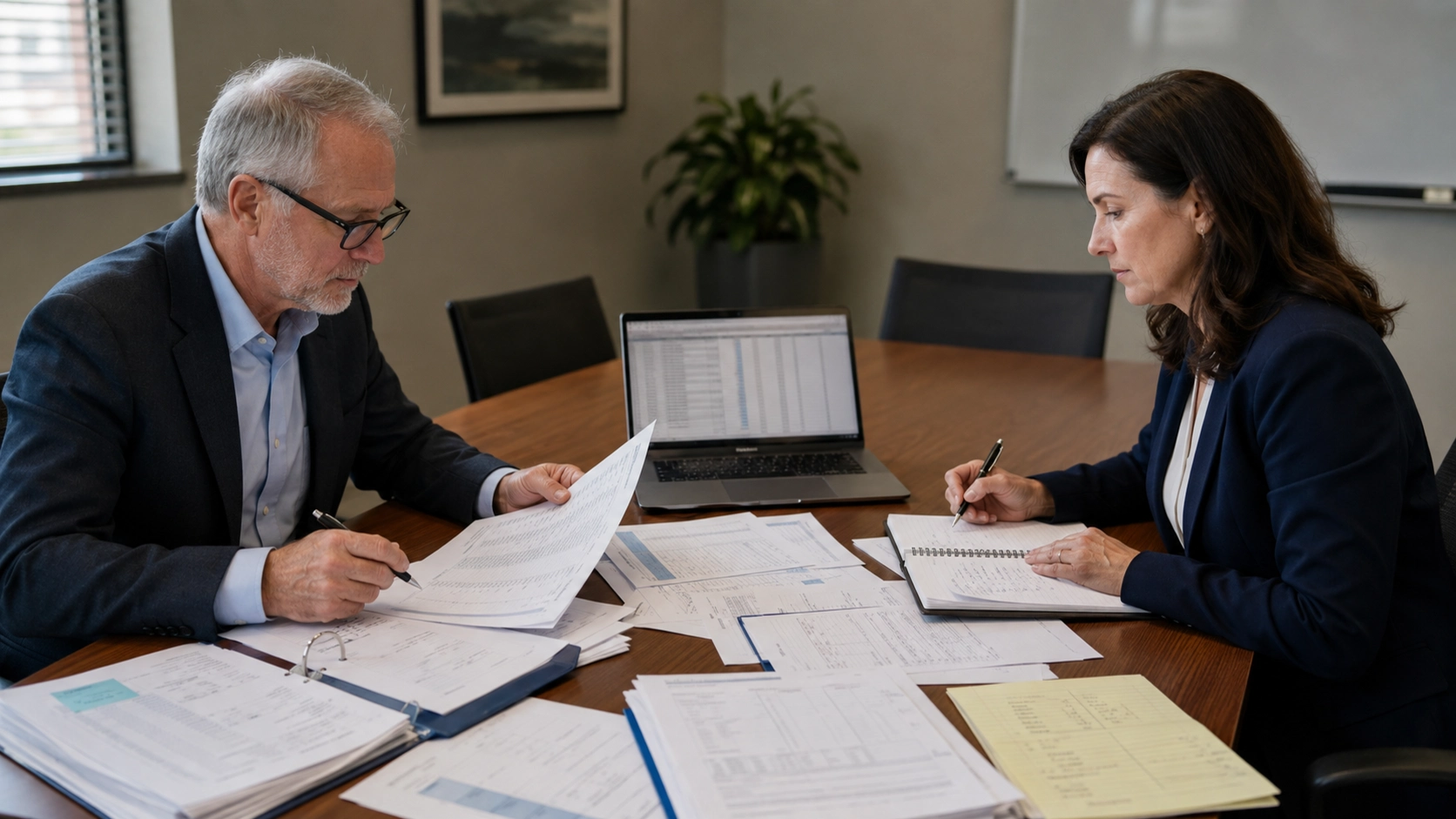 A forensic accountant and an internal auditor reviewing the same set of financial records across a conference table