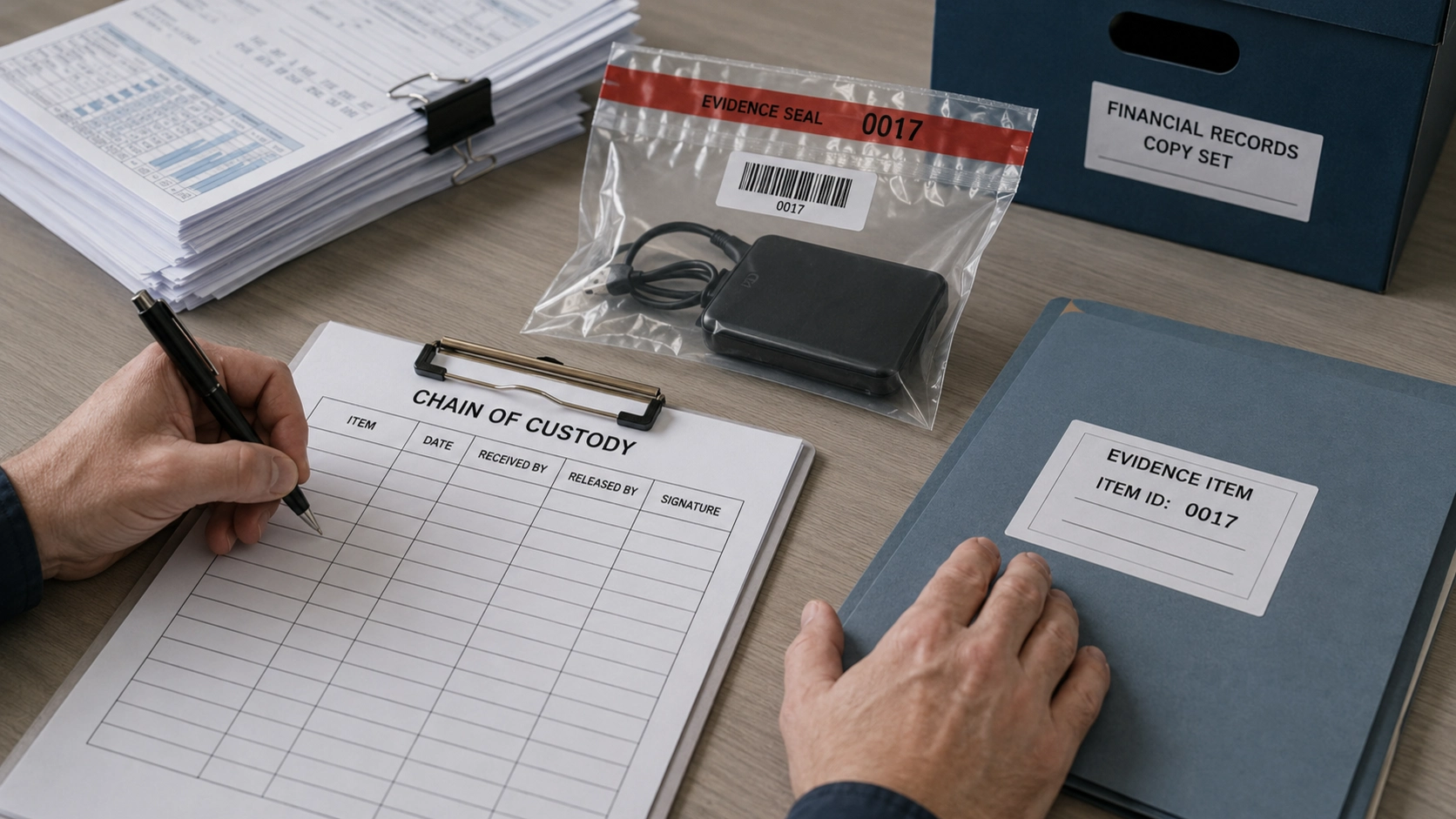 An investigator documenting financial records and digital evidence under chain of custody procedures