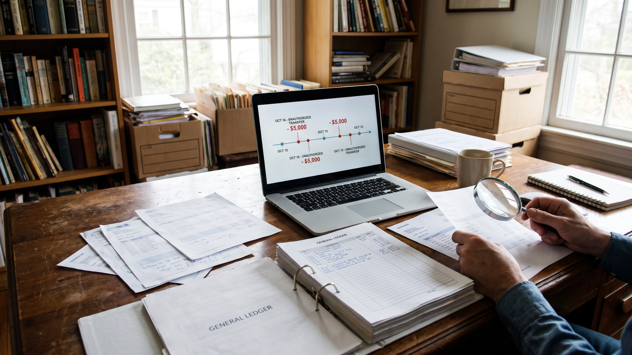 A forensic accountant tracing the flow of funds from an internal fraud across bank records and ledgers