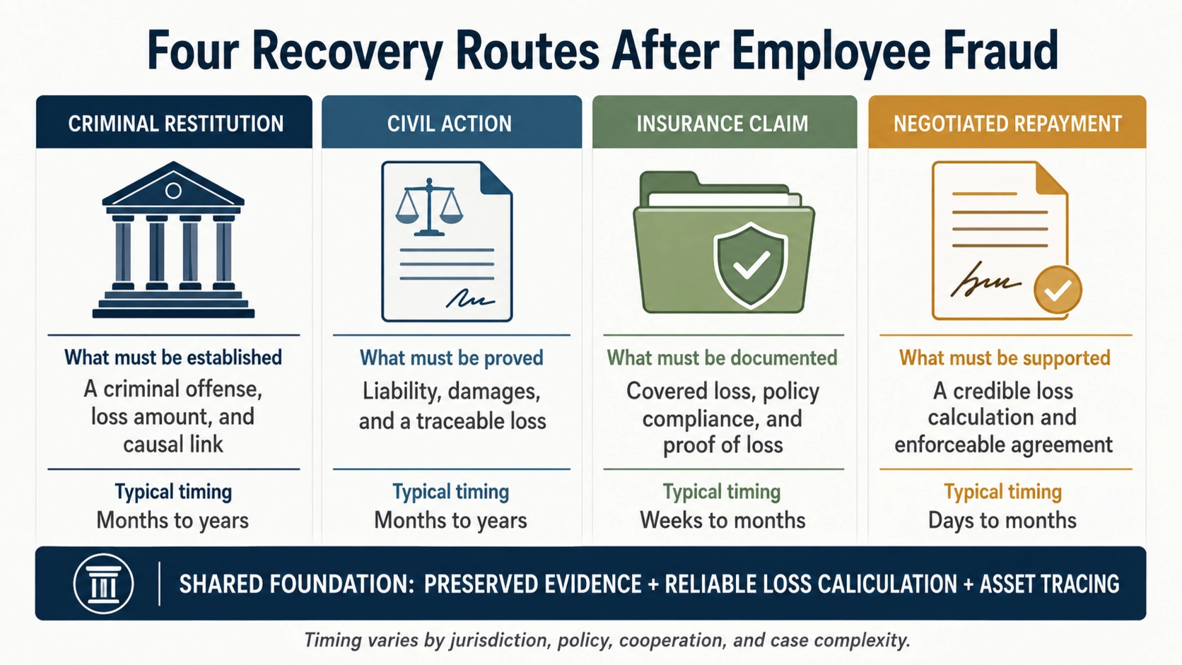 A graphic showing the flow of funds from an internal fraud through destination accounts to recoverable and non-recoverable assets