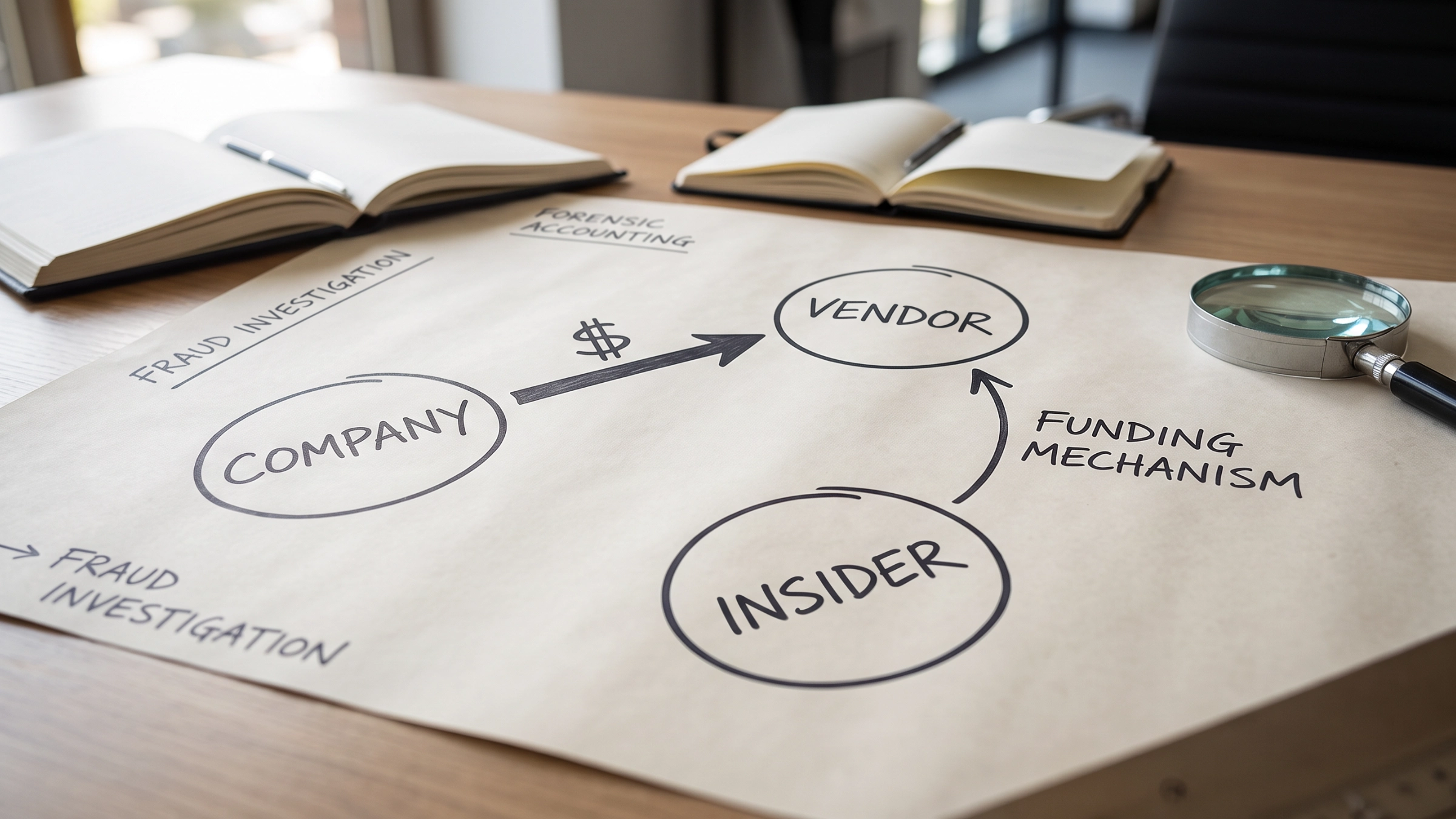 A graphic showing the three-party structure of a procurement kickback and the funding mechanism that connects them