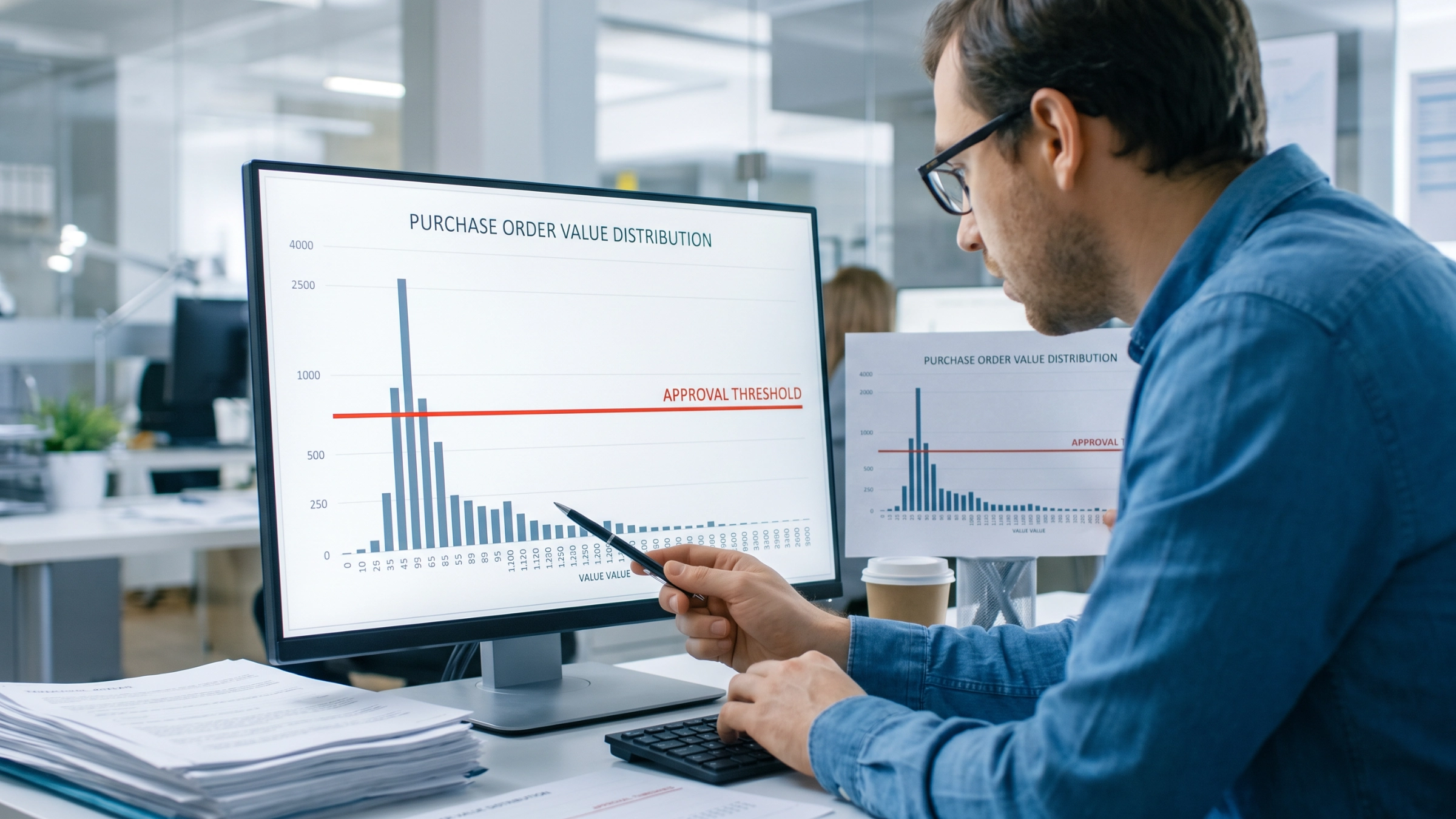 An analyst reviewing a purchase order value distribution showing a spike below the approval threshold