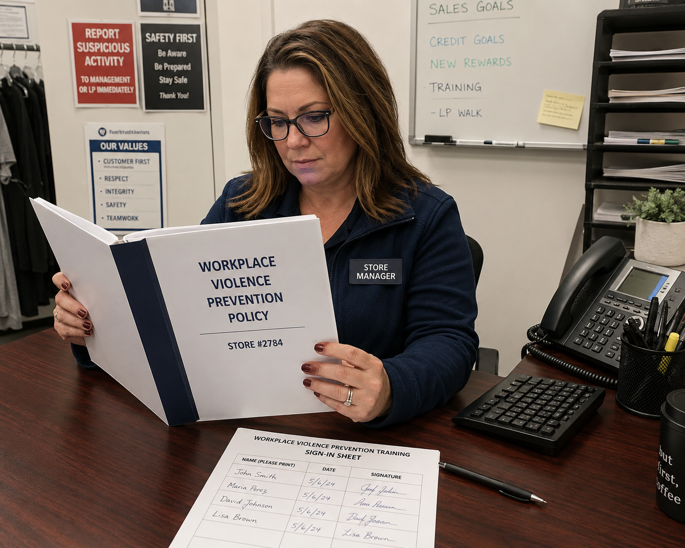 Healthcare employee reviewing her workplace violence policy in New Jersey
