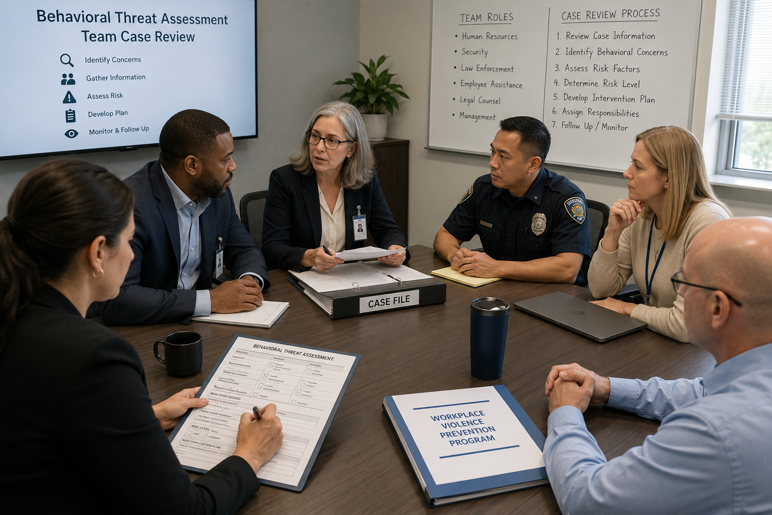 Multidisciplinary behavioral threat assessment team reviewing a workplace case file