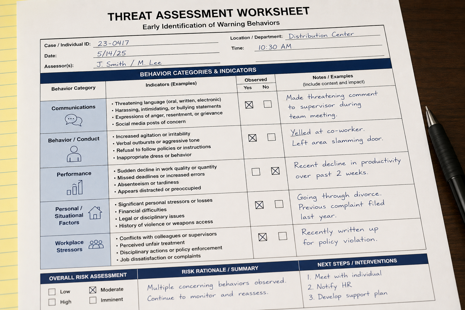 Structured worksheet documenting warning behaviors during a workplace threat assessment