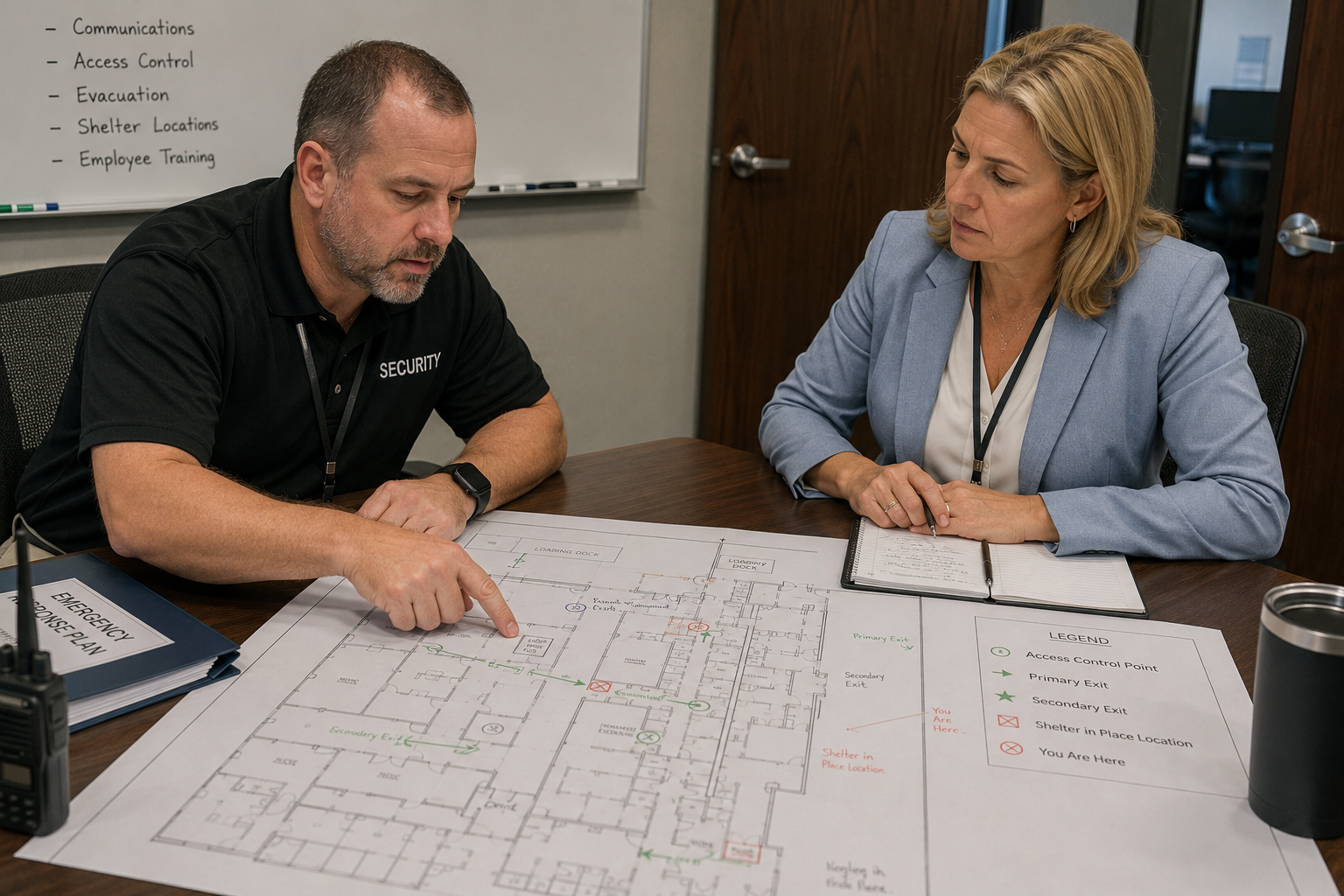 Security and HR leaders reviewing facility plans during active shooter response planning