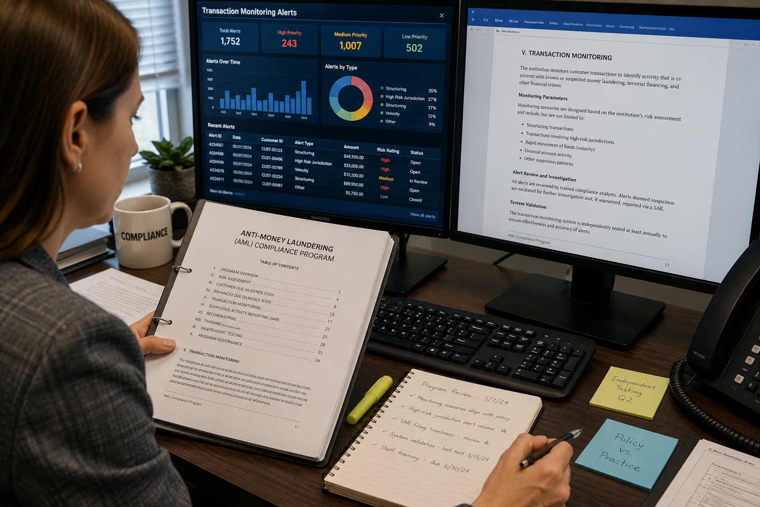 Compliance officer comparing written AML policy against transaction monitoring output during a program review