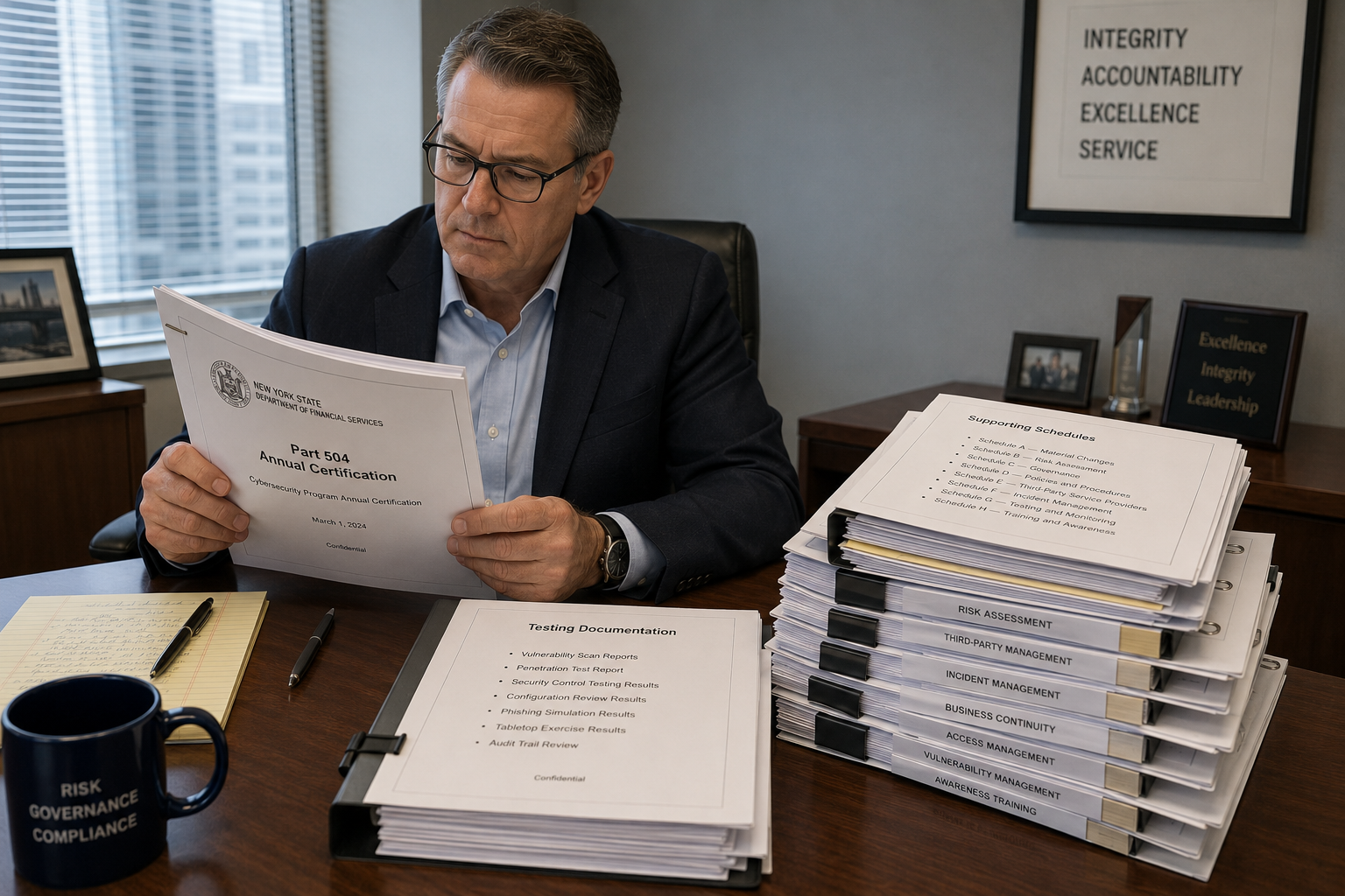 Senior officer reviewing supporting documentation for the NYDFS Part 504 annual certification