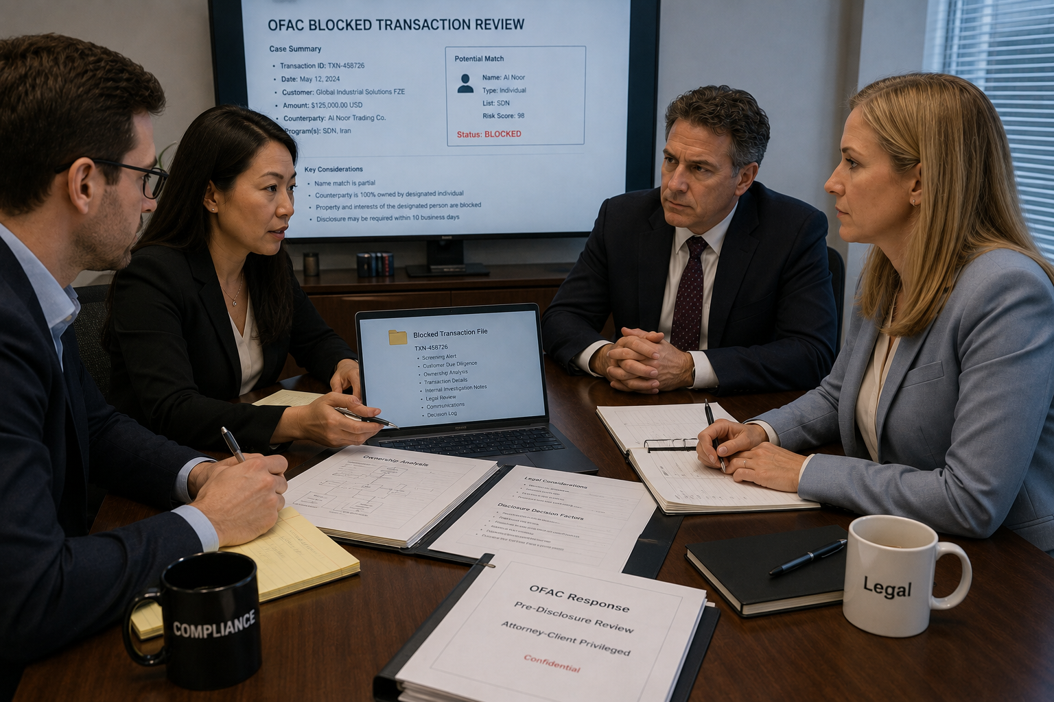 Compliance team and counsel reviewing a potential OFAC hit and disclosure decision
