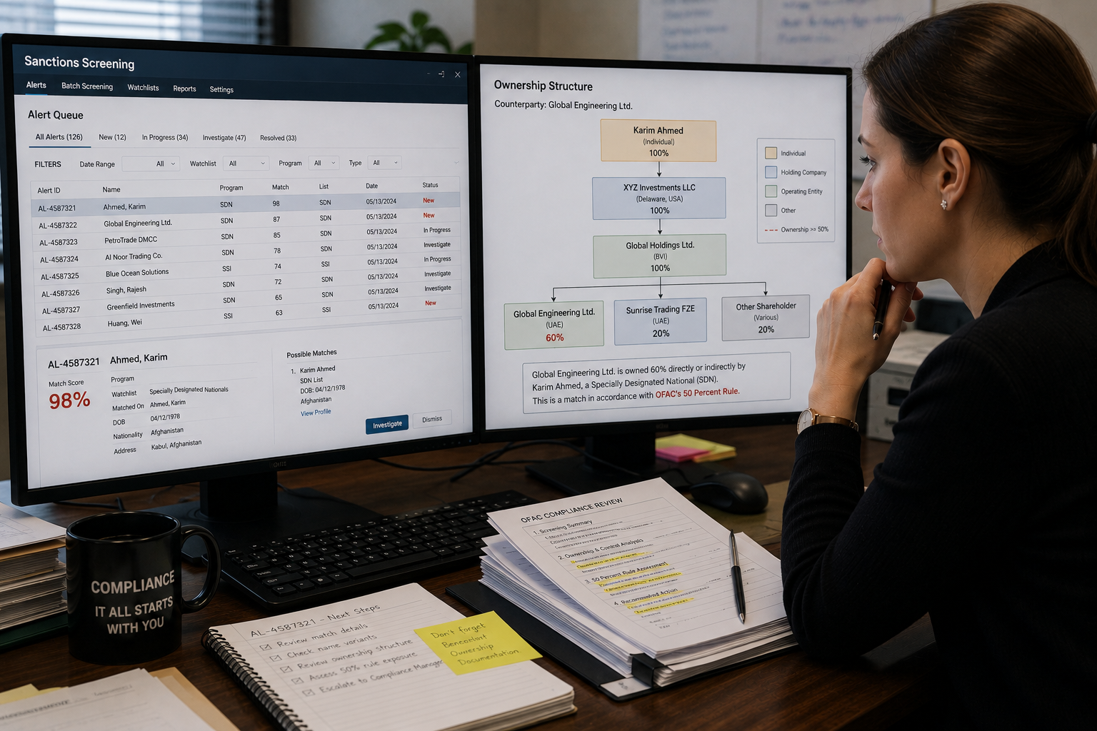 Compliance analyst comparing an OFAC screening alert against a counterparty ownership structure
