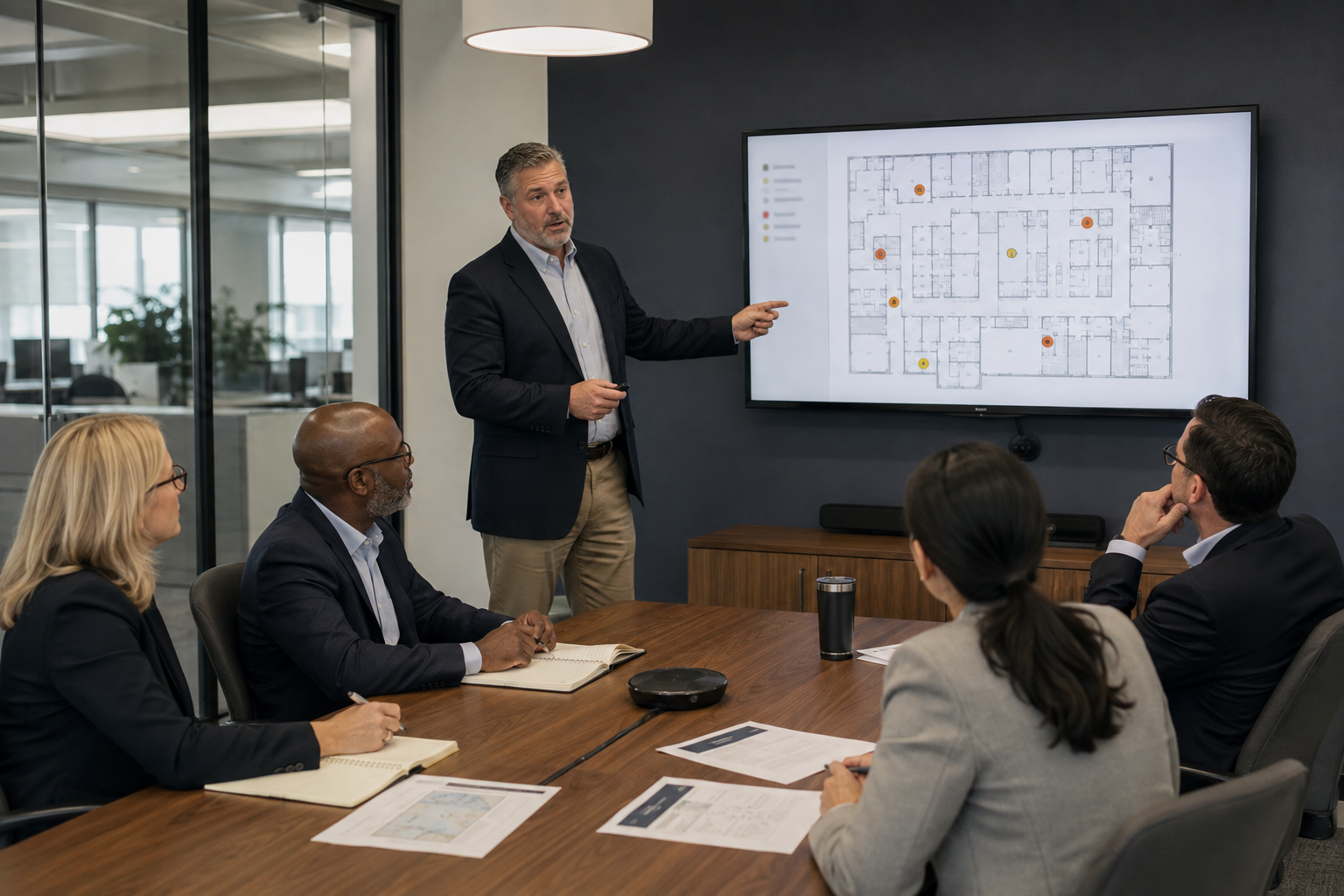 Corporate security advisor presenting a workplace violence risk assessment to a company leadership team Caption