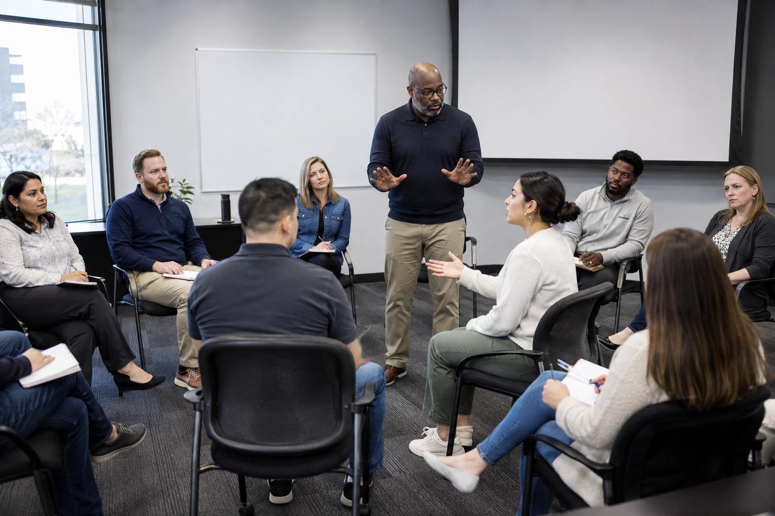 Employees participating in de-escalation and situational awareness training during a workplace violence prevention session