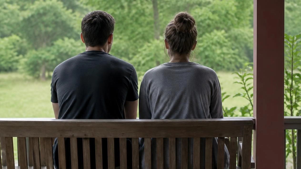 A graphic pairing Two people sitting together quietly on a porch, representing how to support someone who is grieving in Bergen County, NJunhelpful phrases with what to say instead when someone is grieving