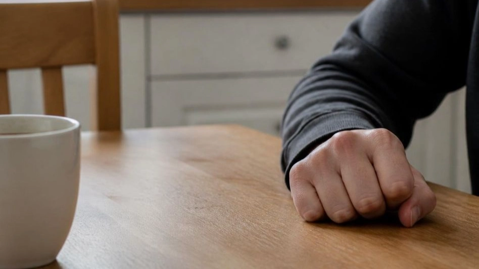 A clenched hand resting on a kitchen table, representing anger as part of grief, Bergen County NJ