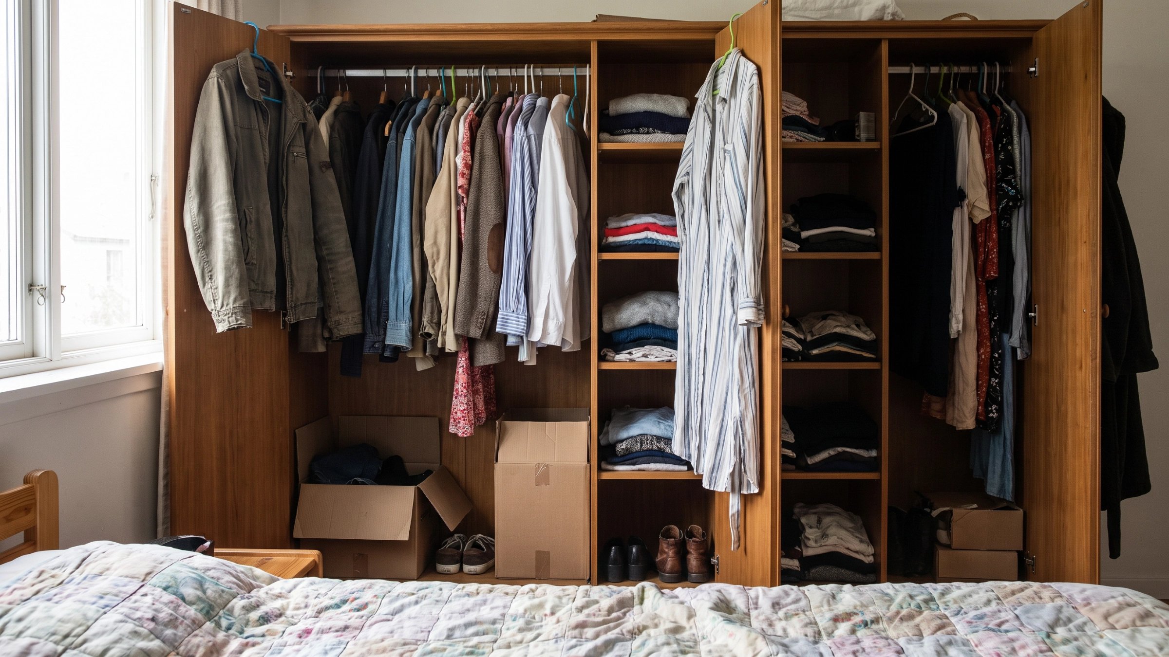 An open wardrobe with clothes still hanging, representing grief and sorting belongings in Bergen County, NJ