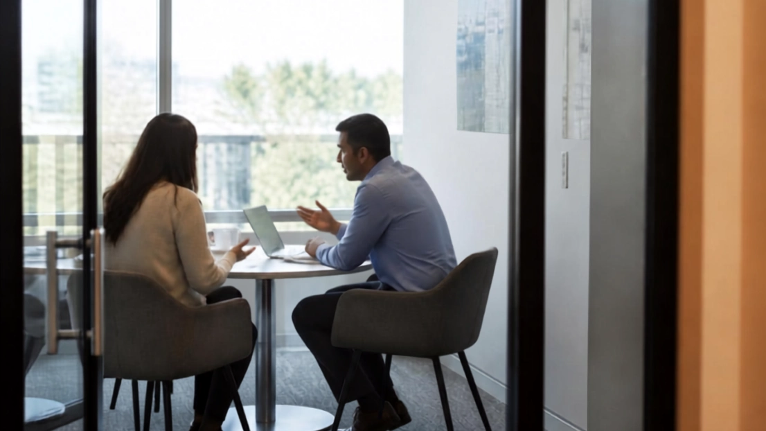 Two people talking quietly in a small meeting room, representing a conversation with a manager about grief and workload