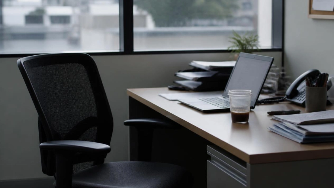 An office desk with a coffee and an open laptop, representing returning to work while grieving in New Jersey