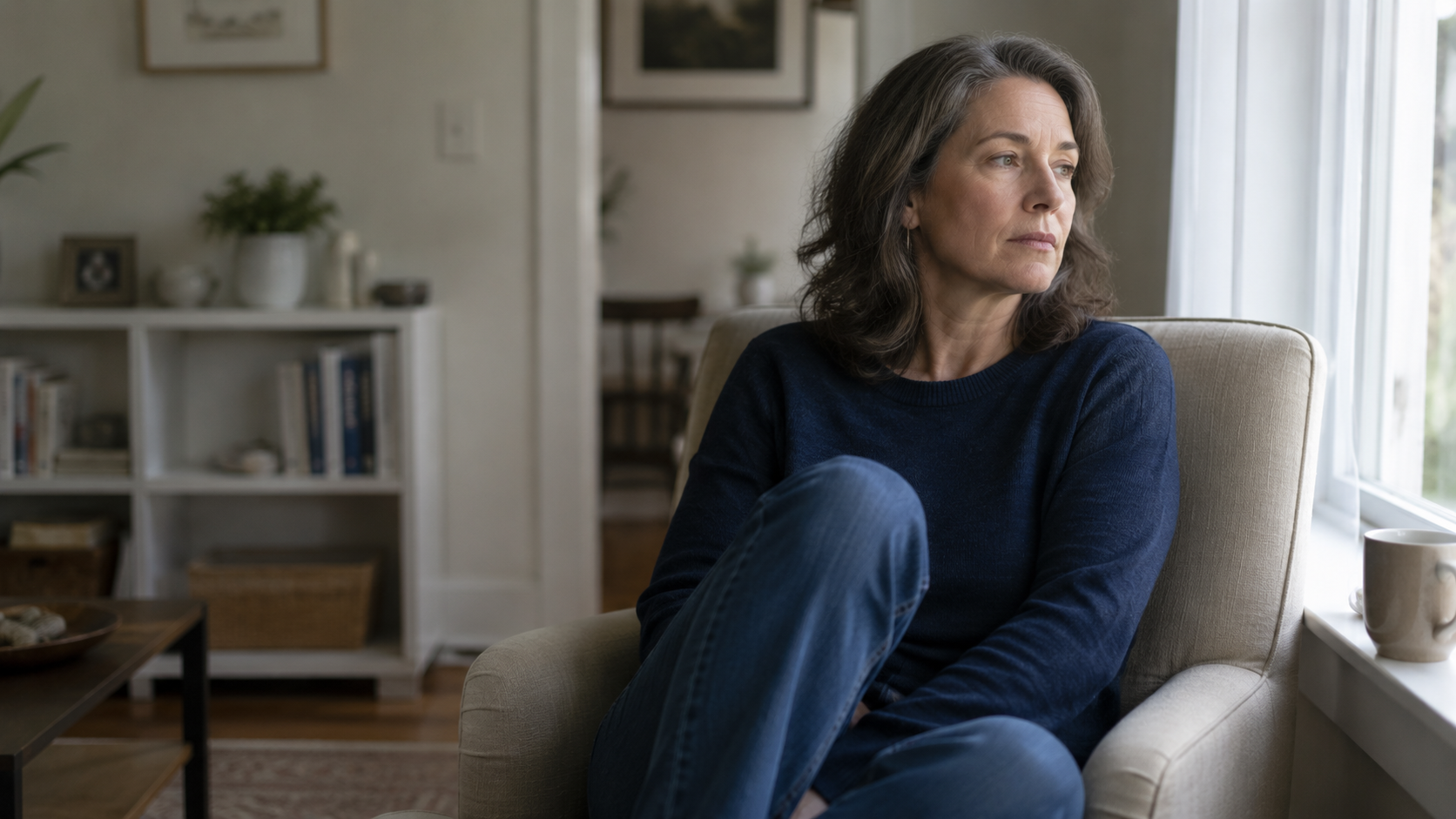 An adult sitting in quiet reflection after the loss of a parent, Bergen County NJ grief counseling