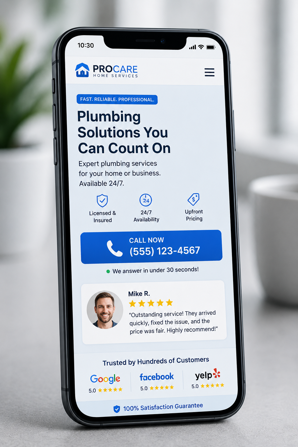 Mobile-optimized New Jersey service page with click-to-call button for higher conversions